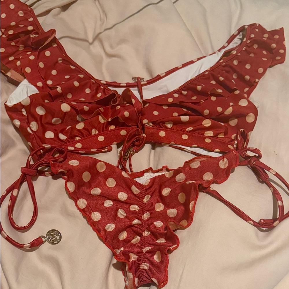 Luli Fama Red and White Polka Dot Bikini top small, bottoms xs